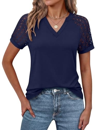 ANRABESS Womens Short Sleeve V Neck Shirts Lace Dressy Casual Blouse 2026 Summer Business Work Tops Vacation Trendy T-Shirts Deep Royal Blue X-Large - Image 1