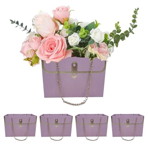 Wazoci 4pcs Paper Flower Bags for Bouquets, Flower Boxes for Arrangements, Paper Flower Gift Bags with Handles Florist Supplies for Weddings Mother's Day (Purple)