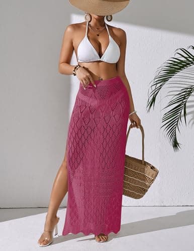 BreathSunny Womens Crochet Open Knit Elastic Waist Swimsuit Coverup Dress Summer 2026 Trendy Outfits Side Slit Mesh Swimwear Coverups Beach Swim Bathing Suit Cover Up Maxi Skirt Rose Red M - Thumbnail 6