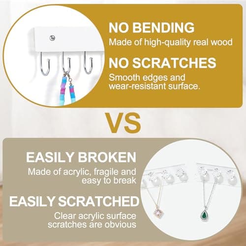 Dntorx Hanging Jewelry Organizer, 2 Pack Necklace Holder for Wall White Wooden Necklace Organizer Hangers with 24 Hooks Jewelry Display Hangers Wall Mounted for Necklaces, Earrings, Bracelets, Keys - Thumbnail 4