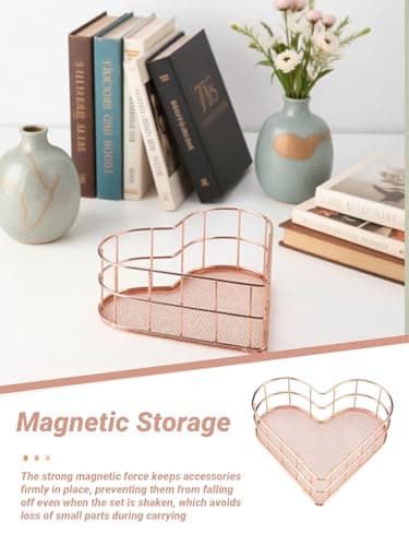 Rose Gold Wire Storage Basket, Metal Mesh Organizer for Desk/Cosmetic/Bathroom/Laundry Room, Decorative Bin with Heart Pattern, Sturdy & Multi-Purpose for Home Organization - Thumbnail 6