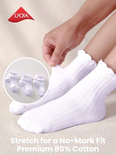 ALLOVIN 6 Pairs Non-Slip Ruffle Lace Socks for Baby & Toddler Girls – Soft Cotton Grip Socks | Pure White | 1-3 Years - Thumbnail 6