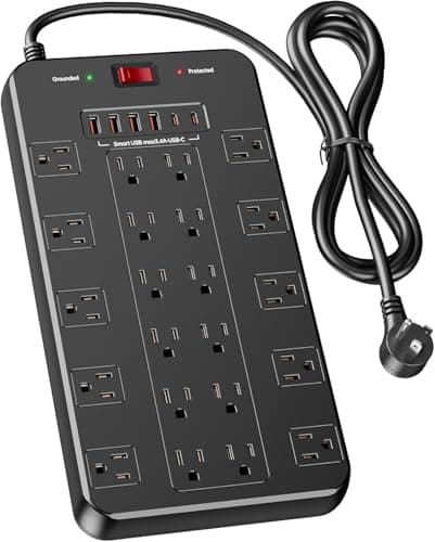 Power Strip 10 FT Cord with 22 Outlets 6 USB Ports(2 USB C), 1875W/15A, 10 FT Flat Plug 3 Prong Extension Cord with Multiple Outlets for Home Office, Dorm, Gaming, Black - Image 1