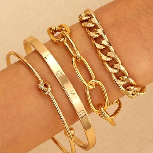 Alegend Bracelets Sets 14K Gold Plated Stackable Bold Link Chains, Romantic LOVE Engraved, Paperclip Cuff, Four-Layered Design - Thumbnail 3
