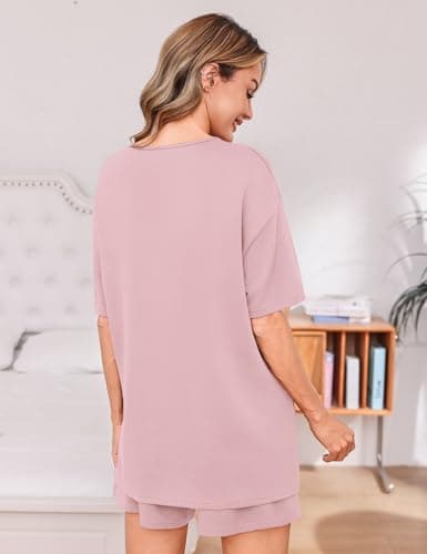 Totatuit 2 Piece Lounge Sets for Women Oversized Tee and High Waist Shorts Summer Matching Outfits Soft Pajama Set for Vacation and Sleep Pink Small - Thumbnail 5