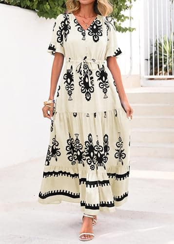 Lazysmile Summer Dresses for Women Short Sleeve V Neck Floral Drawstring Flowy A Line Boho Maxi Dress with Pockets Apricot - Thumbnail 6