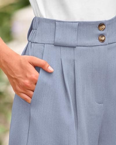 KIRUNDO Womens Shorts Dressy Casual 2026 Trendy Summer Elastic High Waisted Pleated Side Slit Business Work Shorts Pockets(Light Blue, XX-Large) - Thumbnail 6