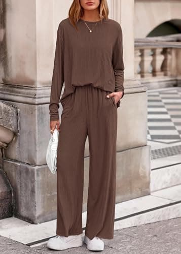 KIRUNDO Spring 2 Piece Lounge Sets for Women Long Sleeve Ribbed Knit Tops Wide Leg Pants Matching Travel Outfits Postpartum(Brown, X-Large) - Thumbnail 6