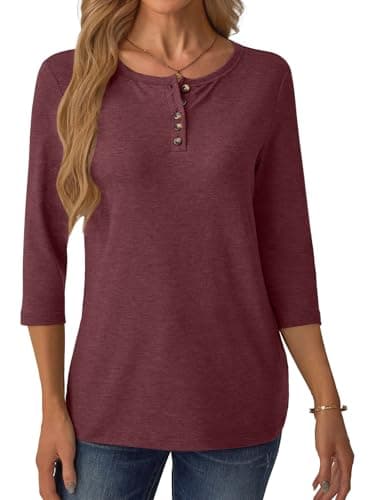 GKBK 3/4 Sleeve Womens Tops Fall Clothes Henley Casual Spring Summer Lightweight Basic Tunic Shirts Wine Red - Thumbnail 4