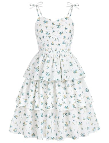 Girls Beach Dress Tween Casual Summer Floral Smocked Spaghetti Strap Short Dresses Kids Wedding Guest Bridesmaid Dresses Light Green Size 9-10 - Image 1