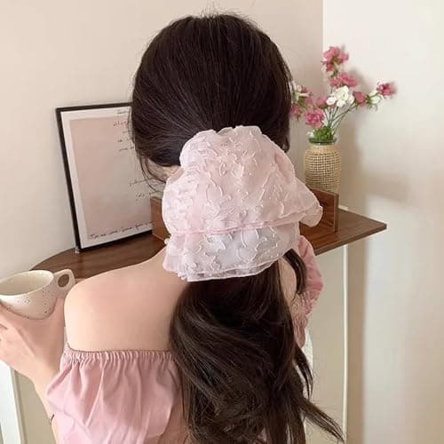 Jseng 3PCS Extra Large Scrunchies for Hair, Korea lace Hair Ties, Beige, Pink, Black - Thumbnail 3