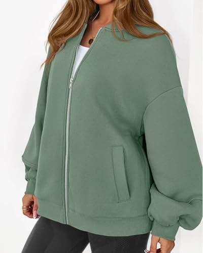 KIRUNDO Oversized Sweatshirt for Women Zip Up Bomber Jacket 2026 Fall Fashion Casual Long Sleeve Outerwear Winter Outfits(Light Green, Small) - Thumbnail 3