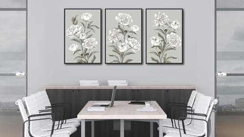 Large Framed Floral Wall Art, Elegant Blossom Plants Wall Pictures 16"x24" Set of 3 Light Grey Botanical Painting Prints Botany Peony Canvas Artwork for Living Room Bedroom Home Office Decor - Thumbnail 4
