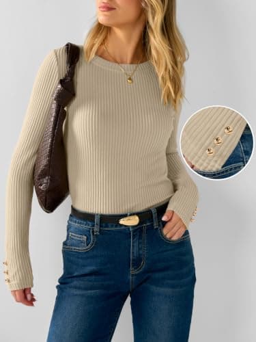 ANRABESS Womens Long Sleeve Shirts Slim Fitted Tops Beige Medium - Thumbnail 4