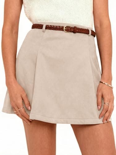 Wenrine Womens Mini Skirt High Waisted Zip Up Casual A Line Pleated Loose Work Office Skirts Apricot - Image 1