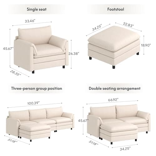 FLEXISPOT SF6 L-Shaped Cloud Sectional Couch with Storage Ottoman, 3-Seater Modular Sectional Sofa, 100.4" Wide Comfy Upholstered Sofa Couch for Living Room Apartment, Chenille White - Thumbnail 2