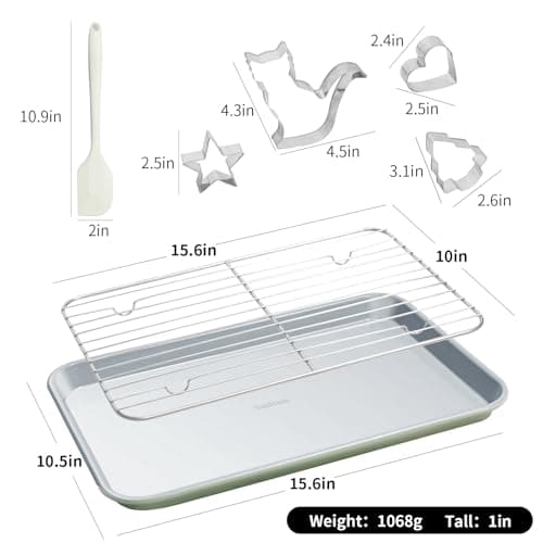 Ymiton 7PCS Ceramic-Coated Baking Sheet Set - 10x15in Jelly Roll Pan Non-Stick Cookie Sheet with Wire Rack, Silicone Spatula & 4 Cookie Cutters, PFAS Free, Oven Safe (550°F), Pistachio Green - Thumbnail 4