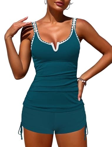 ZAFUL Women's V-Wire Tankini Swimsuits Pink Two Piece Bathing Suits Ruched Tank Top Tummy Control High Waisted with Sporty Shorts Blue S - Image 1