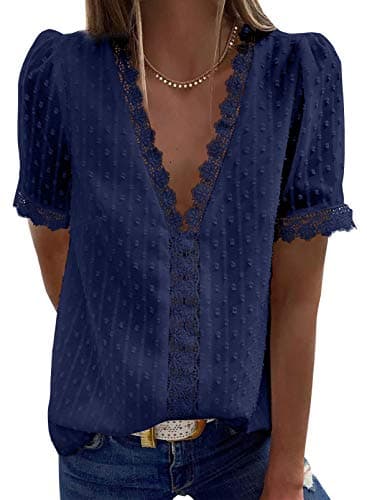 Dokotoo Womens Tops Dressy Casual Summer Tops for Women 2026 Summer Sexy Lace Crochet V Neck Short Sleeve Pom Pom Boho Shirts Casual Loose Solid Chiffon Womens Blouses Blue S - Image 1