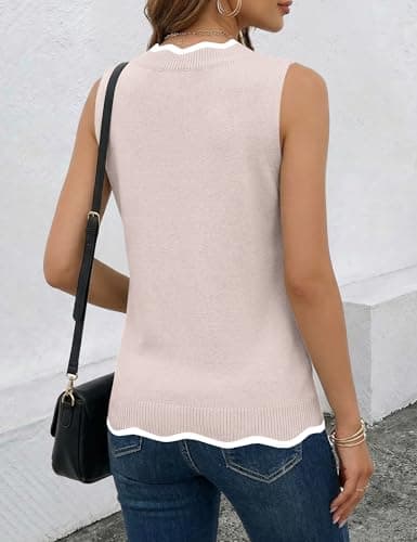 LaGracia Womens Summer Tops Casual Tank Top for Women Fashion V Neck Sleeveless Tops Color Block Ruffled Hem Knit Lightweight Sweater Vest Beach Fashion Vacation Clothes Pink 2XL - Thumbnail 4