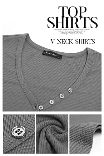 PRETTYGARDEN Women's Summer Casual Henley T-Shirts Short Sleeve V Neck Button Up Ribbed Knit Slim Fit Basic Tops(Grey, XX-Large) - Thumbnail 5