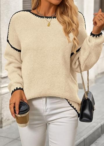 KIRUNDO Womens Sweaters 2025 Fall Oversized Long Sleeve Chunky Knit Crew Neck Contrast Stitching Pullover Winter Clothes(Beige, Small) - Thumbnail 4