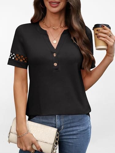 ANRABESS Womens Short Sleeve Tops Henley V Neck Blouses Dressy Casual 2026 Summer Trendy Tee Shirts Work Business Outfits Black Medium - Thumbnail 2