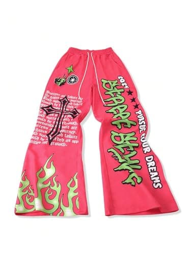 VIPWOLF Men's Wide Leg Sweatpants Baggy Flared Sweatpants Y2K Letter Graphic Drawstring Waist Joggers Pants Streetwear Hot Pink X-Large - Thumbnail 6