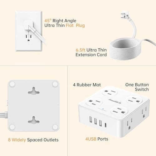 6.5Ft Power Strip with Surge Protector, 8 Outlets 4 USB Ports Extension Cord, Flat Plug Charging Station for Home Office Desk & College Dorm Essentials, White - Thumbnail 6