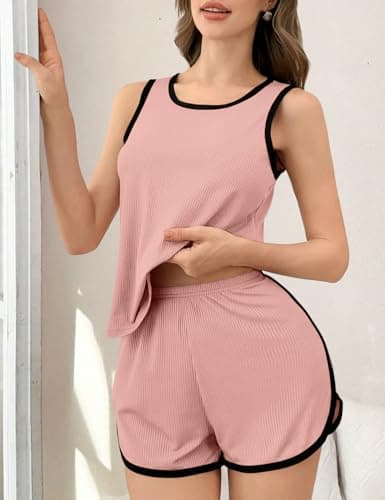 JUSTFASHIONNOW Women's 2-Piece Contrast Trim Pajama Set - Casual Tank Top & Shorts, Soft Ribbed Loungewear(Dusty Pink Medium) - Thumbnail 3
