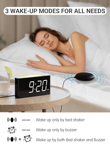 Vibrating Alarm Clock for Heavy Sleepers – Loud Alarm with Bed Shaker, 3 Wake Modes, Large 7.5” Display, 5-Level Dimmer, USB & Type-C Charging, Plug-in with Battery Backup for Bedroom, Teens & Deaf - Thumbnail 3