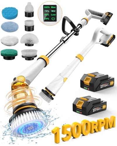 Qimedo Electric Spin Scrubber with Two Batteries Q2 Pro,1500 RPM High Power Electric Scrubber for Cleaning,Shower Cordless Cleaning Brush with Display for Tub/Tile/Floor (Effortless Handle/8 Brushes) - Image 1