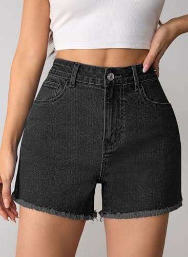 Pink Queen Women's High Waisted Denim Shorts 2026 Casual Star/Bow Frayed Hem Summer Hot Short Jeans with Pockets Black L - Thumbnail 3