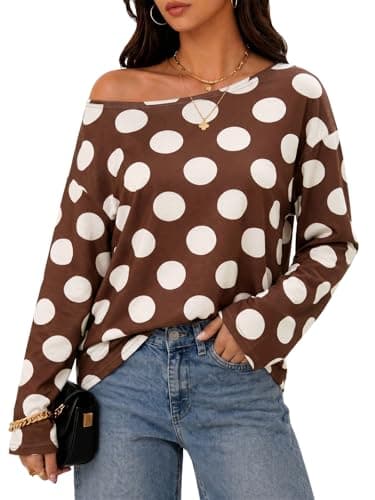 Flowyair Womens Off the Shoulder Tops Striped Long Sleeve Casual Loose Fit Asymmetrical Y2K Trendy Shirt Brown - Image 1
