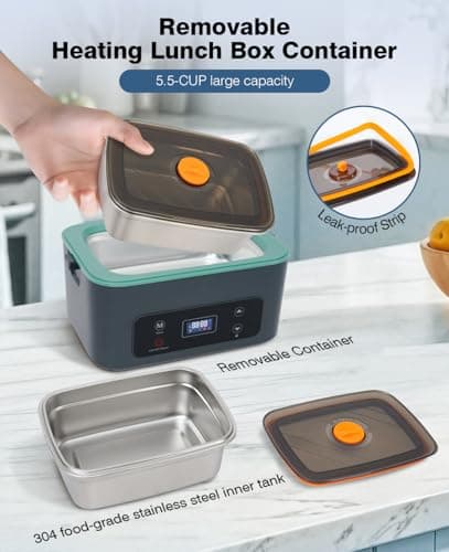 AIZOCO Cordless Electric Lunch Box for Adults, Heated Lunch Box Battery Powered with 5 Side Heating, Portable Food Warmer with 5.5 Cups Removable Container, Self-Heating Food Warmer for Work,GreyGreen - Thumbnail 5