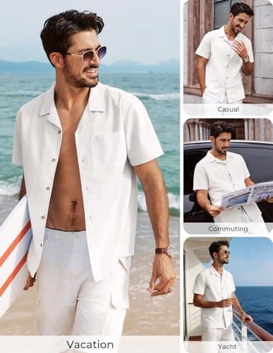 PJ PAUL JONES Mens Linen Shirt Short Sleeve Cotton Hawaiian Button Up Shirts for Men Casual Cuban Summer Beach Shirts with Pocket White - Thumbnail 4