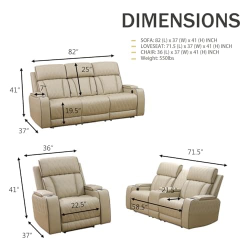 Living Room 3-Piece Power Recliner Sofa Set with USB Ports & Wireless Charging | Breathable Leather Electric Reclining Sofa + Loveseat + Chair | Home Theater Seating with Storage Console & Cup Holders - Thumbnail 3