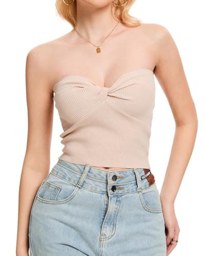 Molirex Strapless Tube Tops for Women Backless Going Out Bandeau Off Shoulder Summer Sweater Twist Knot Y2K Crop Top Apricot Small - Image 1