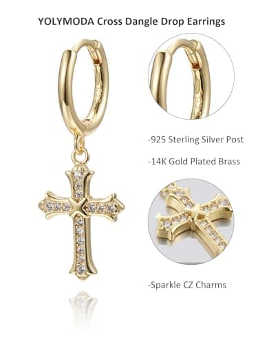 YOLYMODA Cross Dangle Drop Earrings for Women Men - Trendy Dainty 14K Gold Plated Dangly Huggie Hoop Earrings with Sparkling CZ, Chic Faith 925 Sterling Silver Post Jewelry Gift, 1.16" Long - Thumbnail 2