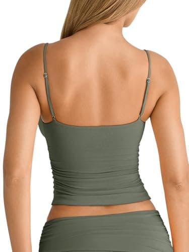 PINKMSTYLE Women's Sexy Deep V-Neck Ruched Crop Tank Top Slim Fit Spaghetti Straps Crop Top Gray Green X-Large - Thumbnail 6
