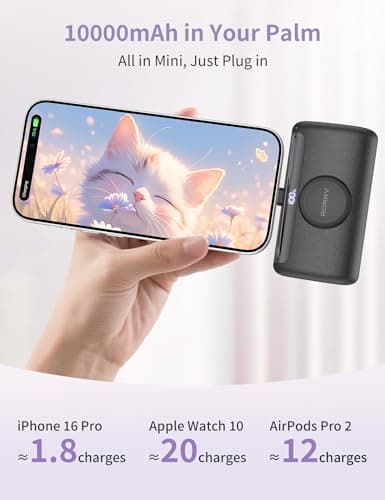 RORRY PalmGo Portable Charger, 10000mAh PD 22.5W Fast Charging Mini Power Bank with Built-in USB C Connector, 3-in-1 Battery Pack for iPhone 17/16/15 Pro/Max, Apple Watch Ultra/11/10/SE, iPad, Black - Thumbnail 2