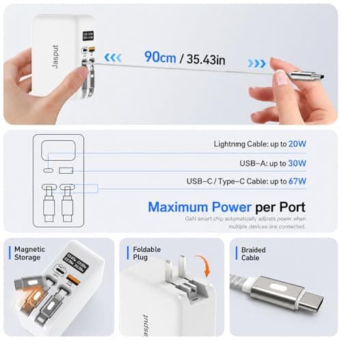 Jasput 67W Retractable Wall Charger, 4in1 GaN Fast Charger with 3.3FT Built-in USB-C & for iPhone Cables, LED Display, Foldable Travel Charger with USB-C/A Ports for MacBook, iPhone 8-17, iPad, Galaxy - Thumbnail 6