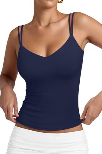 PINKMSTYLE Basic Double Strap Cami Tank Top for Women Spaghetti Straps Sleeveless Double Lined Fashion T Shirt Tops Navy Blue X-Small - Image 1