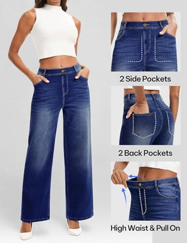 AVAMO Wide Leg Jeans Woman Stretchy Pull on Sweatpant Jeans for Women Elastic High Waisted Straight Leg Baggy Denim Pants Indigo - Thumbnail 3