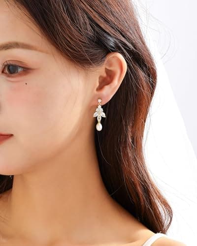 Pearl Earrings for Women, 14k Gold Plated Dangle Pearl Earrings Bridal Shower Gifts Wedding jewelry for Women - Thumbnail 3