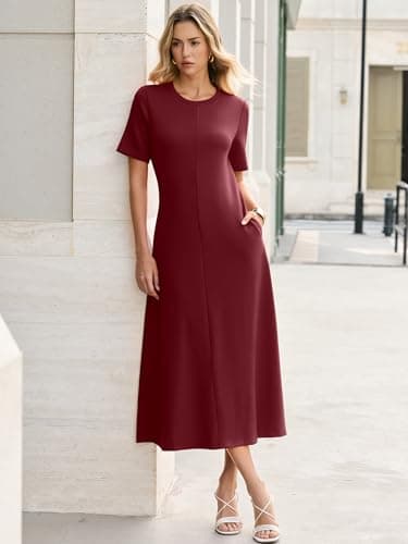 ANRABESS Womens Summer Maxi Dresses Casual Short Sleeve Elegant Classy Vintage 2026 Spring Flowy Cocktail Dress 80s Outfit Dark Red Large - Thumbnail 5