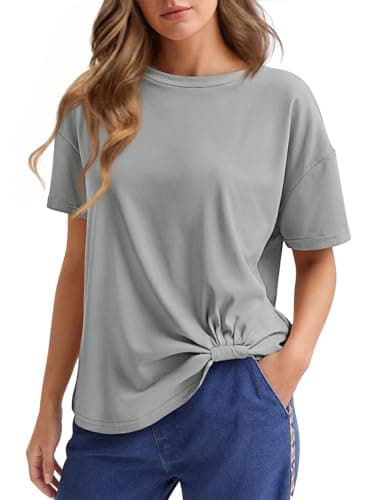 Cicy Bell Womens Summer Casual T-Shirt Twist Front Tops Crew Neck Drop Shoulder Loose Short Sleeve Tees Gray - Image 1
