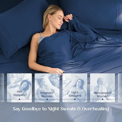 Dream Valley® Cooling Sheets Twin Size, Cooling Fitted Breathable Bed Sheets & Flat Sheet with 1 Pillowcase-3 PCS for Night Sweats & Hot Sleepers, Q-Max >0.45 Aerocool, Deep Pocket 16",Navy Peony - Thumbnail 5