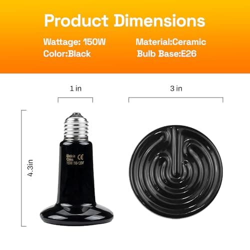 BN-LINK 150W Reptile Heat Lamp 2-Pack, Ceramic Heat Emitter Bulbs, No Light Heat Lamp for Reptiles, Chickens, Lizard, Turtle, Snake - Thumbnail 2