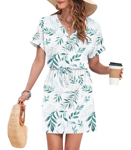AUSELILY Womens Summer Dress 2025 Casual Short Sleeve Sundress V Neck Tie Button Beach Swing Dresses with Pockets, White Willow Leaf XL - Image 1